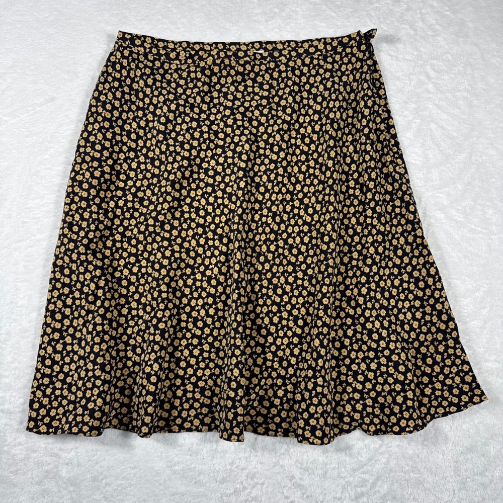 INC International Concepts Womens 8 Black Tan Floral 100% Silk A-Line Skirt